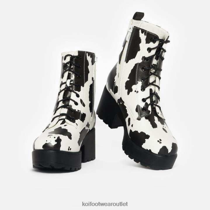 Women KOI footwear White Daisy Platform Cow Print Military Boots TDVL155