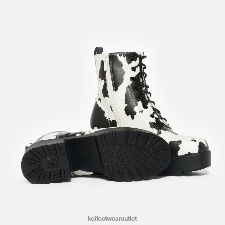 Women KOI footwear White Daisy Platform Cow Print Military Boots TDVL155