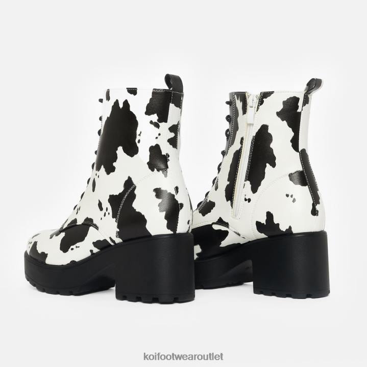 Women KOI footwear White Daisy Platform Cow Print Military Boots TDVL155