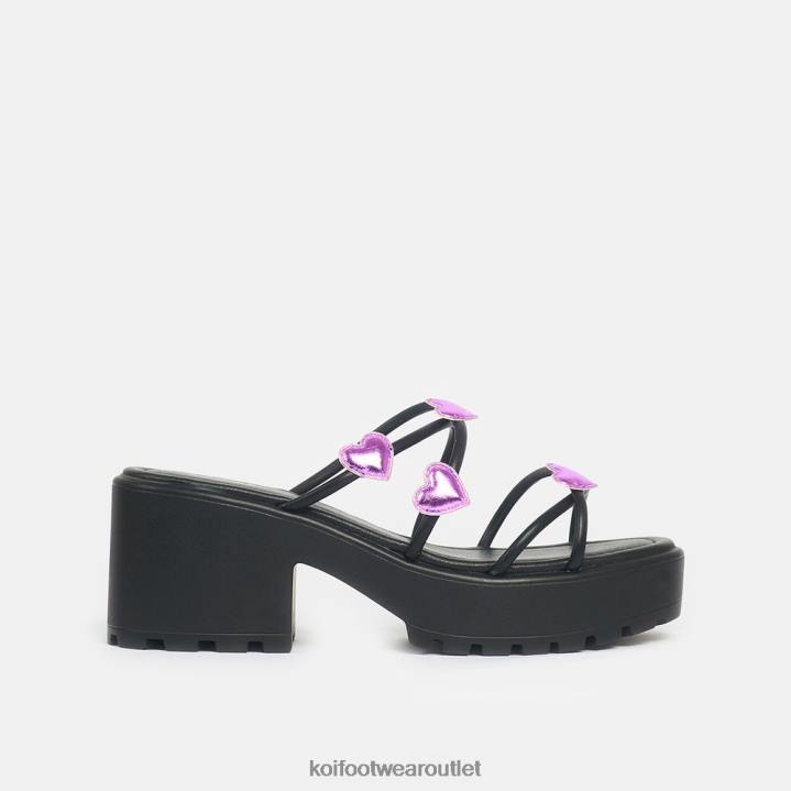 Women KOI footwear Black Blooming Hearts Strappy Sliders TDVL148